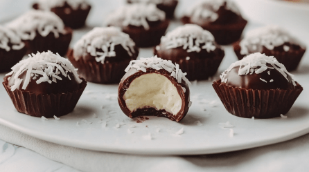 Vegane Oreo-Pralinen stehen auf einer weißen, flachen Unterlage. Sie sind mit Kokosraspeln bestreut.