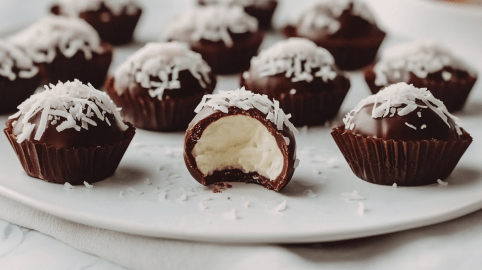Vegane Oreo-Pralinen stehen auf einer weißen, flachen Unterlage. Sie sind mit Kokosraspeln bestreut.