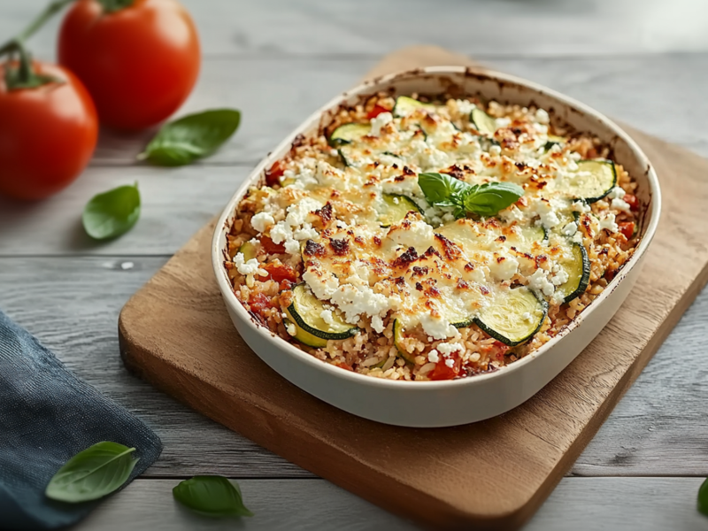 Eine Gratinform mit einem Zucchini-Hack-Reisauflauf, der mit Feta überbacken und mit ein paar Blättern frischem Basilikum garniert ist. Außerdem liegt ein Strauch Tomaten im Hintergrund. Ebenso liegt ein Küchentuch herum und einzelne Basilikumblätter.