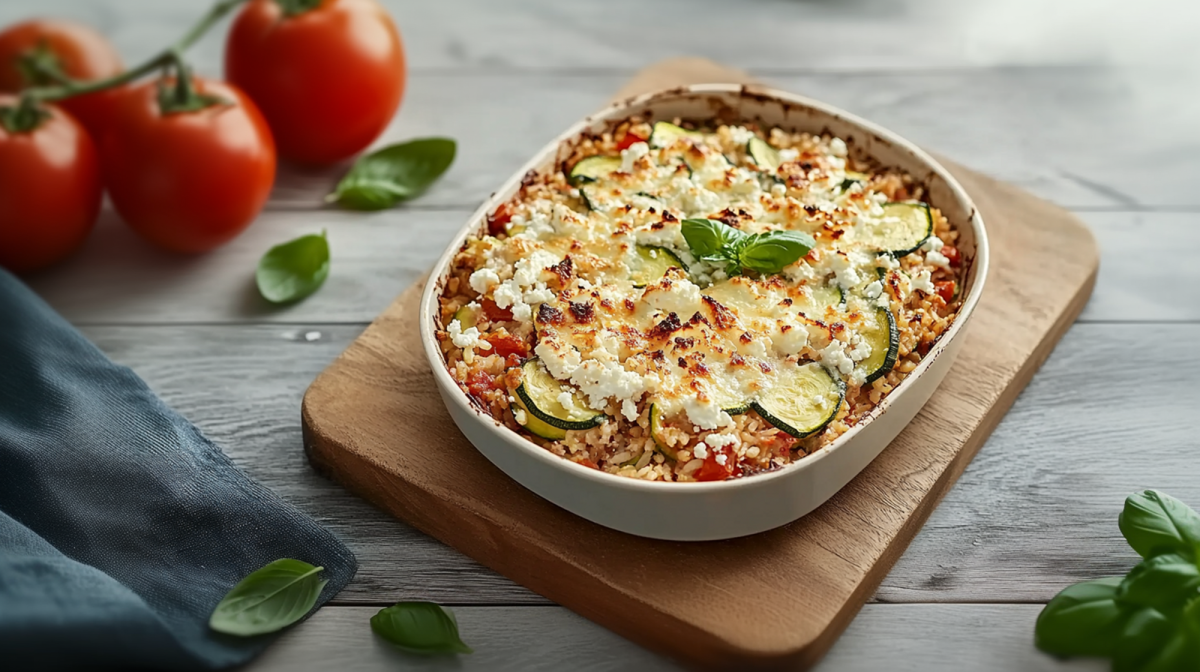 Eine Gratinform mit einem Zucchini-Hack-Reisauflauf, der mit Feta überbacken und mit ein paar Blättern frischem Basilikum garniert ist. Außerdem liegt ein Strauch Tomaten im Hintergrund. Ebenso liegt ein Küchentuch herum und einzelne Basilikumblätter.