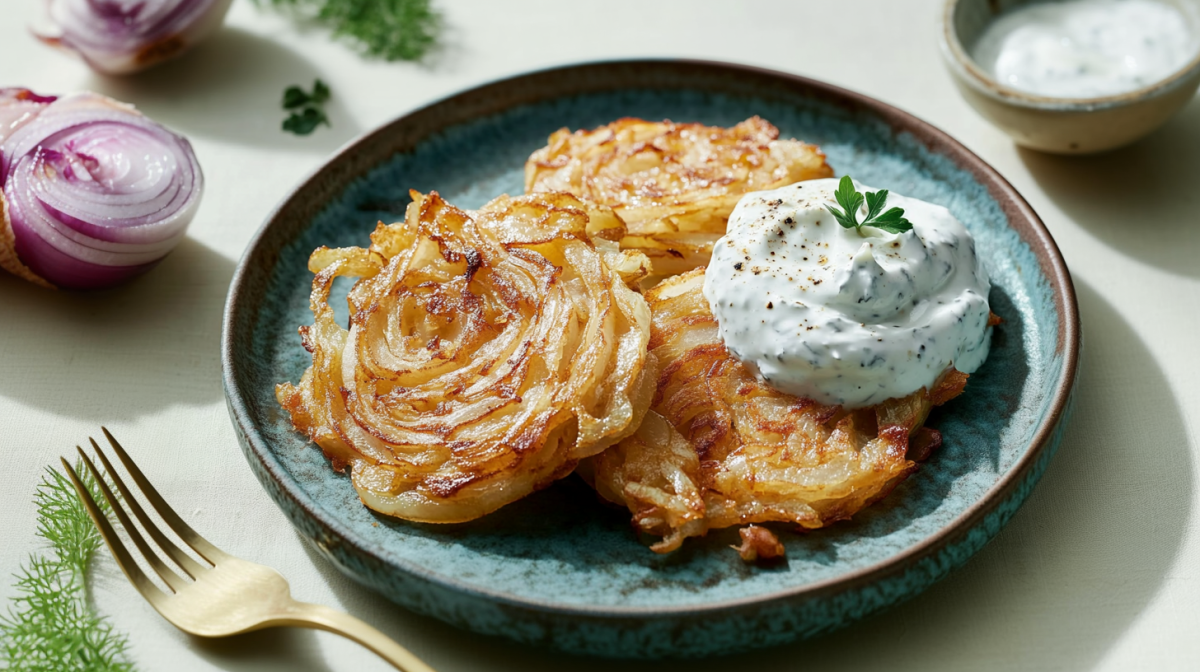 Drei Zwiebelpuffer liegen auf einem Teller und sind mit einer Joghurt-Kräutercreme garniert. Vorne links liegt eine Gabel sowie einige Kräuter. Hinten links im Bild sieht man angeschnittene Zwiebeln liegen. Hinten rechts steht ein Schälchen mit weiterem Dip.