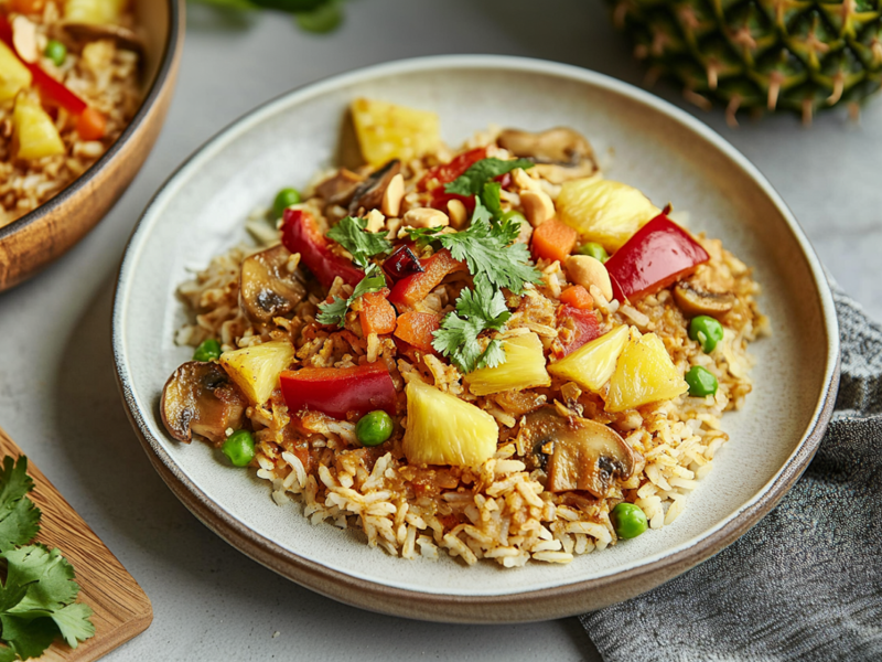 Ein Teller mit einer Portion Ananas-Reispfanne, die unter anderem Champignons, Karotten, rote Paprika, Ananas und Erbsen enthält und mit etwas frischem Koriander sowie einigen gehackten Erdnüssen garniert ist. Der Teller steht auf einer hellen Arbeitsfläche. Daneben liegt ein graues Küchenhandtuch. Um den Teller herum ist ein weiterer Teller mit Ananas-Reispfanne zu sehen. Außerdem kann man angeschnitten eine Ananas erkennen. Und es liegt ein Brett herum, auf dem eine Limettenhälfte und frischer Koriander liegt.