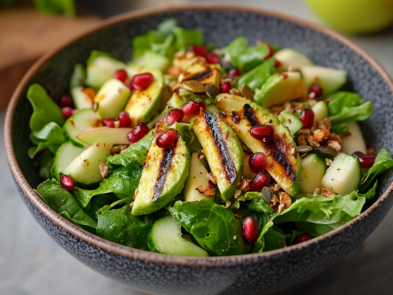 Eine Schüssel Apfel-Feldsalat mit gebratener Avocado steht auf einem grauen Tisch. Im Hintergrund sieht man ein Schneidebrett mit Salat, einen Apfel sowie einen Granatapfel.