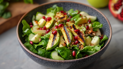 Eine Schüssel Apfel-Feldsalat mit gebratener Avocado steht auf einem grauen Tisch. Im Hintergrund sieht man ein Schneidebrett mit Salat, einen Apfel sowie einen Granatapfel.