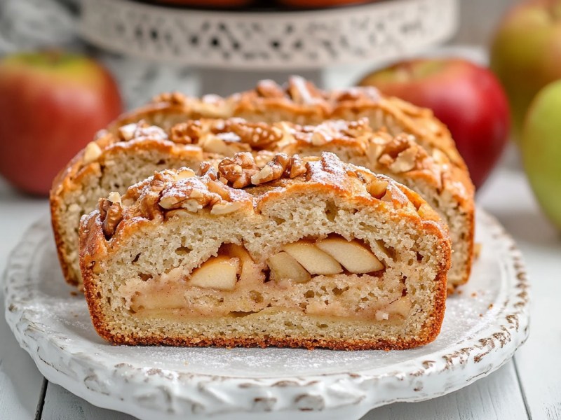 Ein paar Scheiben Apfel-Käse-Brot mit Puderzucker und Walnüssen auf einem Teller. Dahinter einige Äpfel.