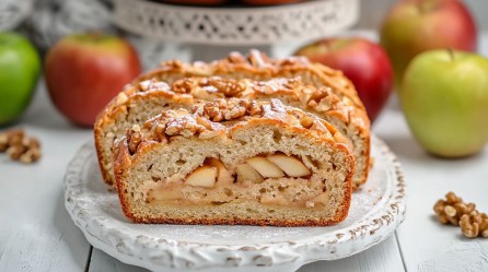 Ein paar Scheiben Apfel-Käse-Brot mit Puderzucker und Walnüssen auf einem Teller. Dahinter einige Äpfel.
