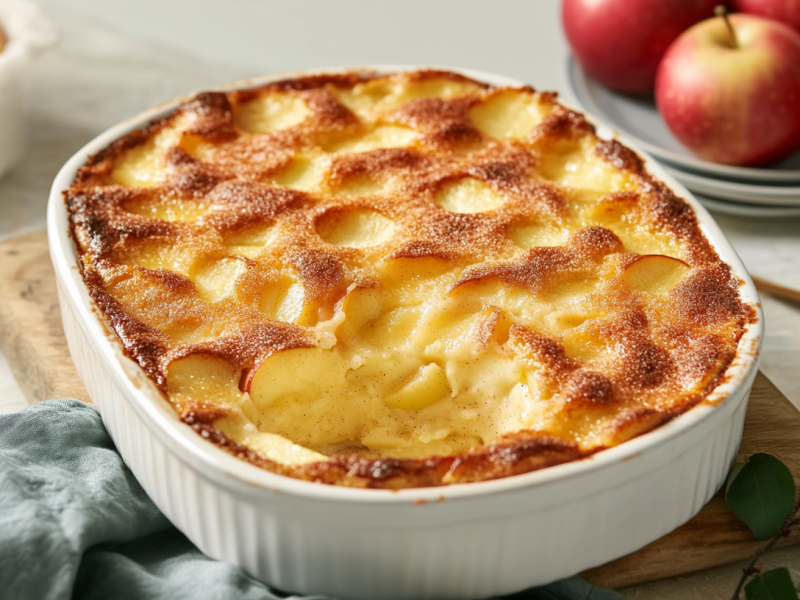 Apfel-Quark-Auflauf auf einem Holzbrett. Darunter liegt ein graues Tuch. Im Hintergrund stehen eine Schale sowie einige Teller mit weiteren Äpfel darauf.