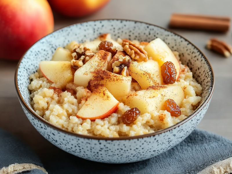 Eine Schale mit Apfel-Zimt-Couscous auf einem grauen Untergrund. Die Schale steht zusätzlich auf einem Tuch. Im hIntergrund liegen zwei Äpfel, eine Zimtstange und einige Walnüsse.