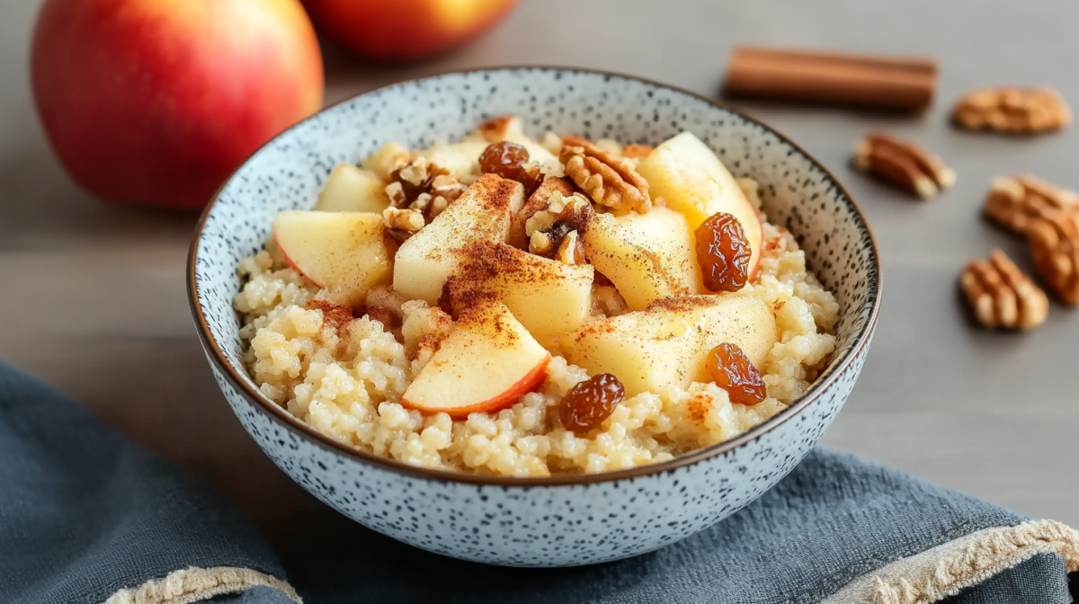 Eine Schale mit Apfel-Zimt-Couscous auf einem grauen Untergrund. Die Schale steht zusätzlich auf einem Tuch. Im hIntergrund liegen zwei Äpfel, eine Zimtstange und einige Walnüsse.