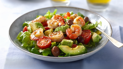 Ein Teller mit einer Portion Avocado-Garnelen-Salat, der unter anderem Kirschtomaten, Avocadostücke, Oliven und Salat enthält und mit Sesam bestreut ist. Der Teller steht auf einem hellblauen Tischuntersetzer. Im Hintergrund kanns man zwei Gläser erahnen, die mit einer gelb-grünen Flüssigkeit, vermutlich Olivenöl, gefüllt sind. Im Teller liegt eine Gabel.