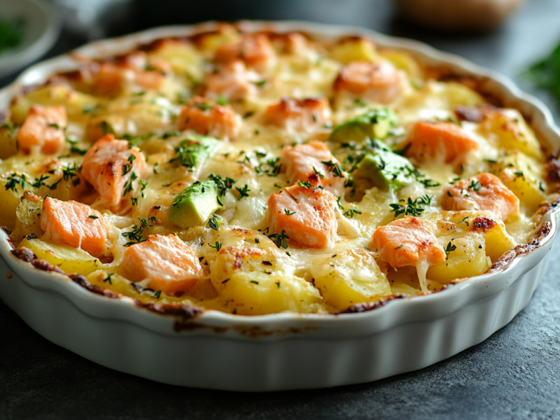 Avocado-Kartoffelauflauf mit Lachs in einer Keramik-Auflaufform.