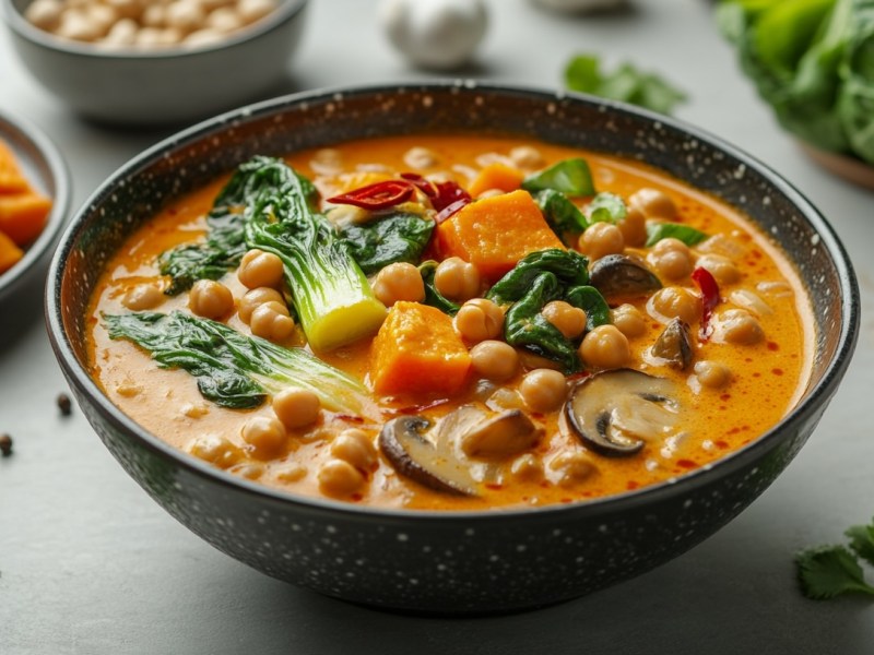 Eine Schüssel Bärlauch-Curry, drumherum einige Zutaten.