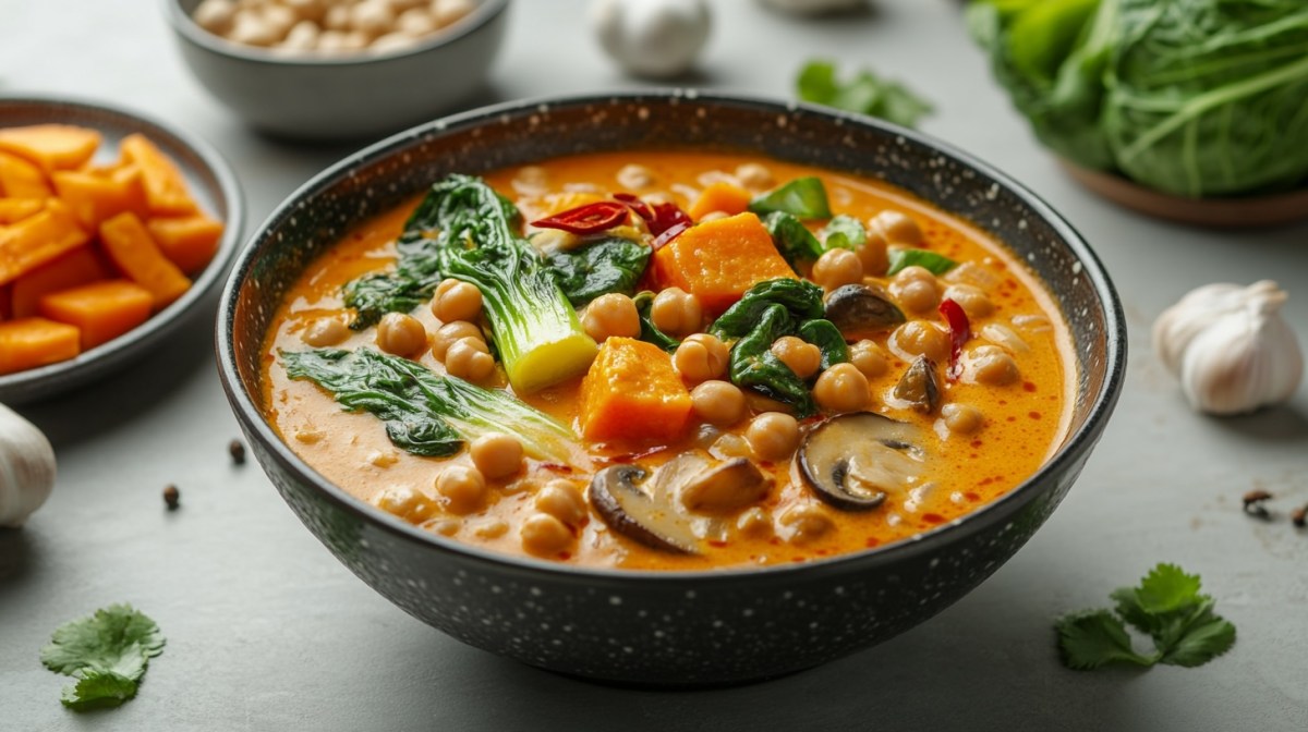 Eine Schüssel Bärlauch-Curry, drumherum einige Zutaten.