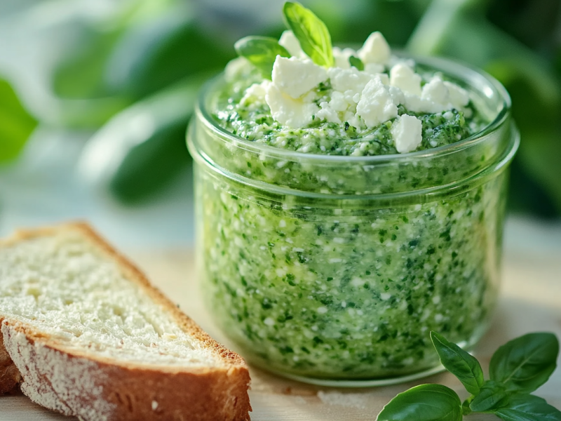 Ein Glas mit Bärlauch-Feta-Dip auf einem Holzbrett. Daneben liegt eine Scheibe Brot. Drumherum liegen weitere frische Kräuter.