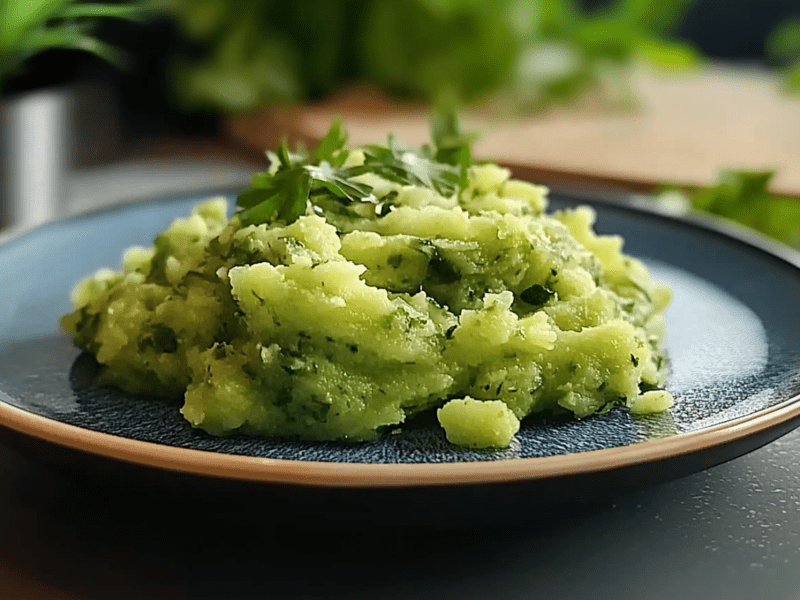 Ein Teller mit einer Portion Bärlauch-Kartoffelstampf, der mit ein bisschen frischer Petersilie garniert ist. Der Teller steht auf einer dunklen Arbeitsplatte. Außerdem ist ein Brett zu sehen, auf dem frische Kräuter liegen. Zusätzlich ist ein Topf mit einer Pflanze zu sehen.