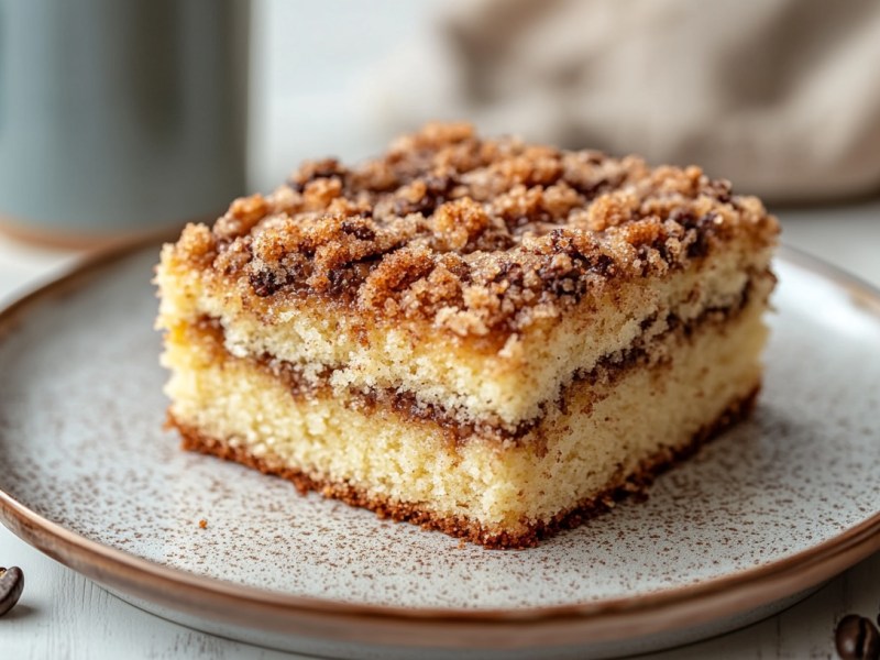Ein Stück Bananen-Joghurt-Kuchen auf einem Teller, daneben ein paar Kaffeebohnen und eine Tasse Kaffee.