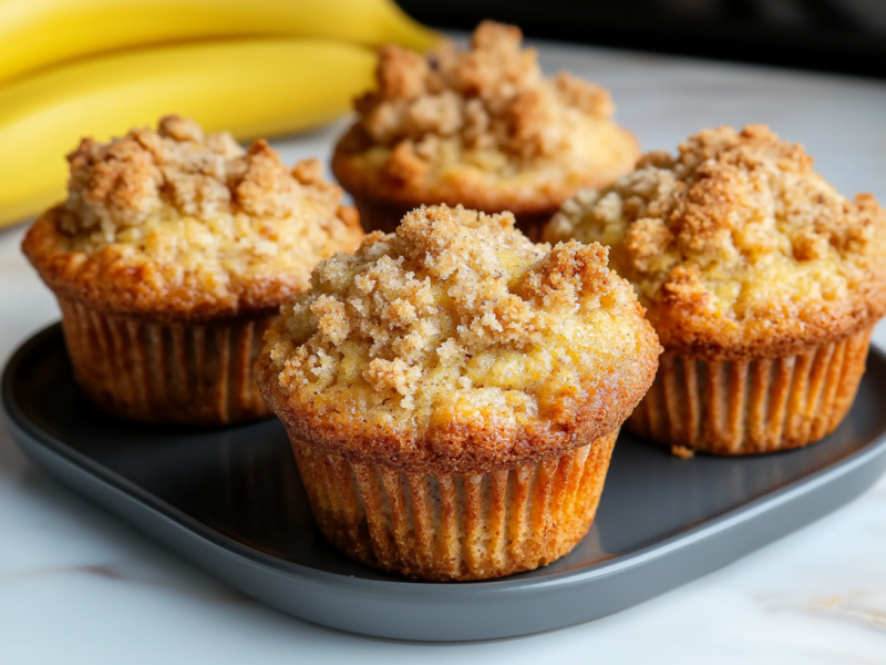 Vier Bananen-Streusel-Muffins stehen auf einem grauen Teller. Im Hintergrund liegen drei Bananen.
