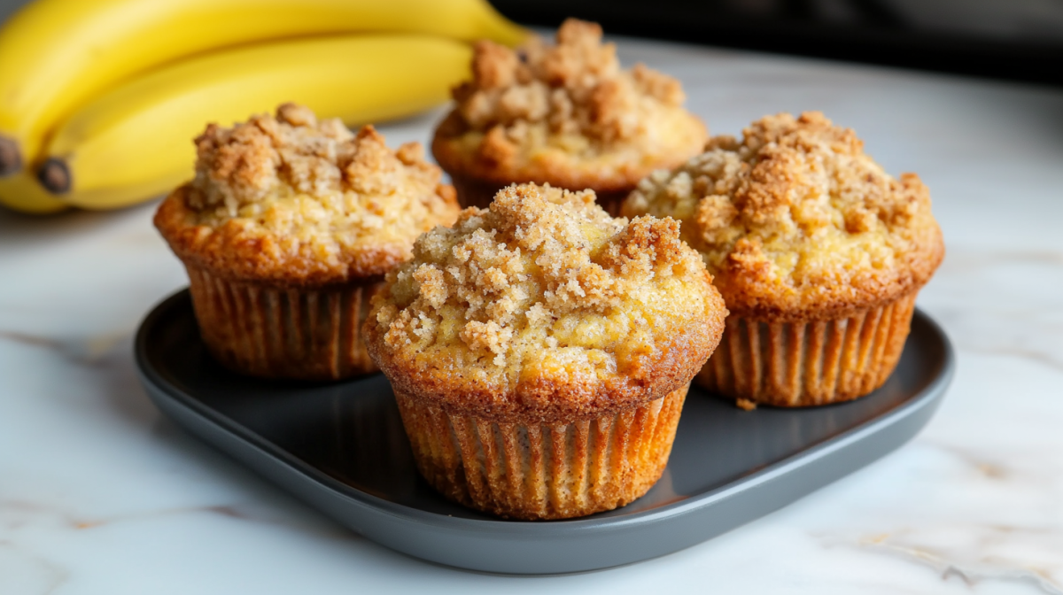 Vier Bananen-Streusel-Muffins stehen auf einem grauen Teller. Im Hintergrund liegen drei Bananen.