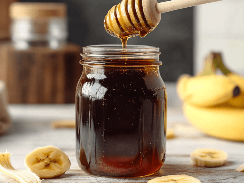 Bananenschalen-Sirup in einem Glas. Drum herum liegen Bananenstücke und -schalen.