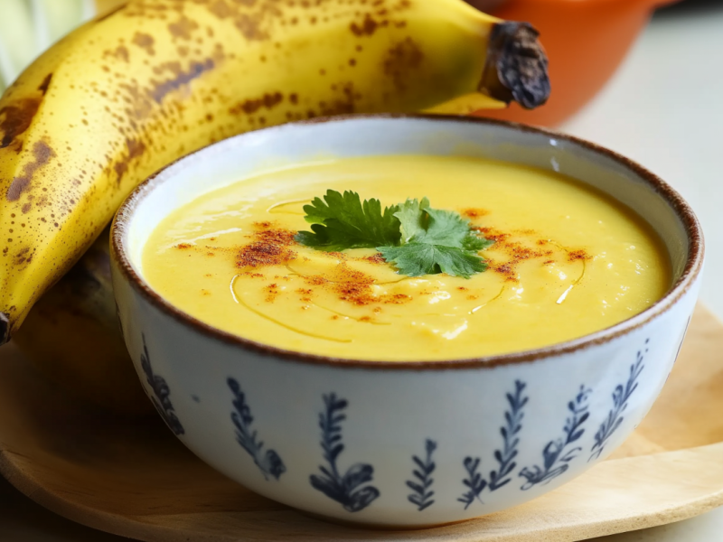 Eine Schüssel mit Bananensuppe steht auf einem kleinen Holzbrett. Dahinter liegt noch eine weitere Banane.