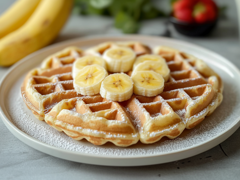 Eine Bananenwaffel ohne Zucker liegt auf einem Teller. Sie ist mit ein paar Bananenscheiben sowie etwas Puderzucker serviert. Im Hintergerund liegen weitere Bananen sowie einige Erdbeeren.