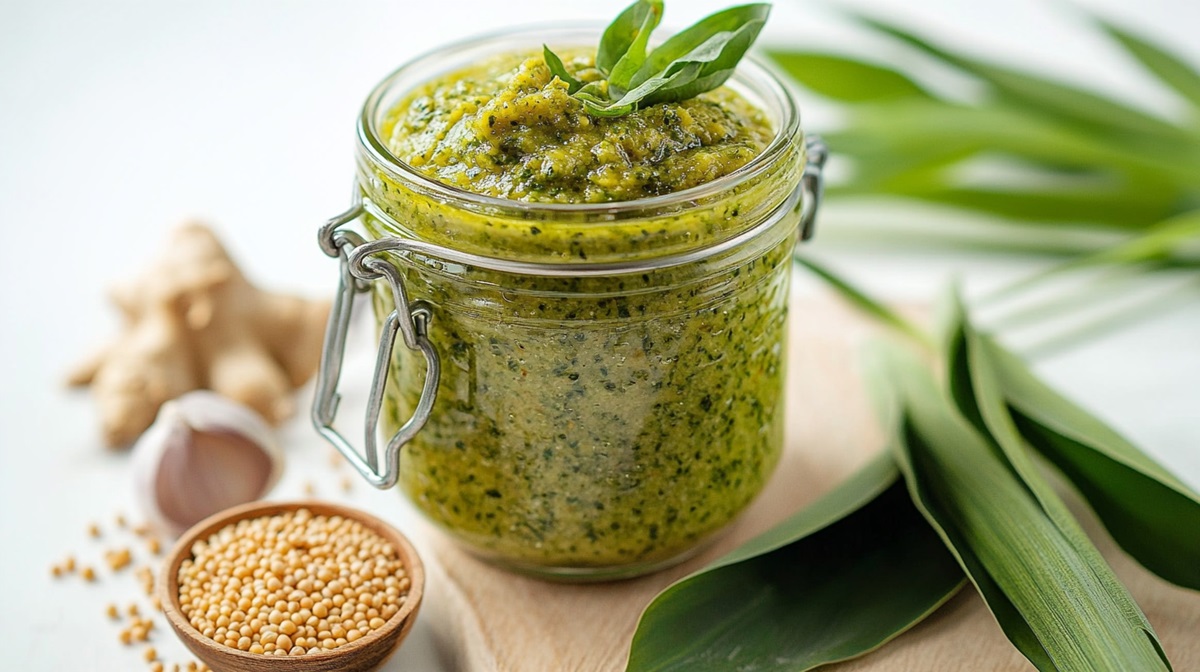 Ein Glas mit Bärlauch-Senf, Bärlauch und Senfkörnern auf dem Tisch