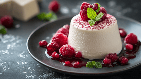 Bayerische Creme auf einem schwarzen Teller, bestreue mit Fruchtpulver und serviert mit frischen Beeren.