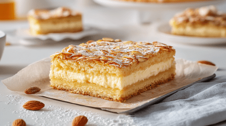 Ein Stück Bienenkuchen vom Blech liegt auf einem kleinen Backblech mit einem Stück Backpapier. Im Vordergrund liegen vier Mandeln. Im Hintergrund sieht man weitere Stücke des Kuchens.