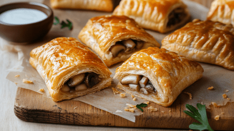 Sechs Blätterteig-Pilztaschen liegen auf einem mit Backpapier ausgeleten Holzbrett. Im Hintergrund sieht man noch eine Schale mit Sour Cream.