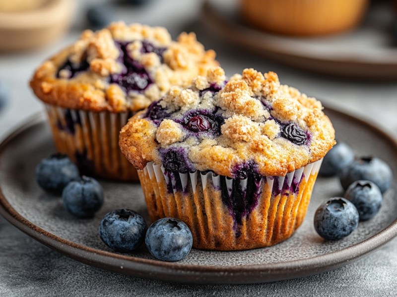 2 Blaubeer-Streusel-Muffins auf einem Teller mit frischen Blaubeeren. Drumherum weitere Blaubeeren.