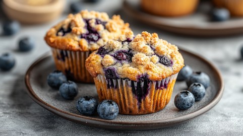 2 Blaubeer-Streusel-Muffins auf einem Teller mit frischen Blaubeeren. Drumherum weitere Blaubeeren.