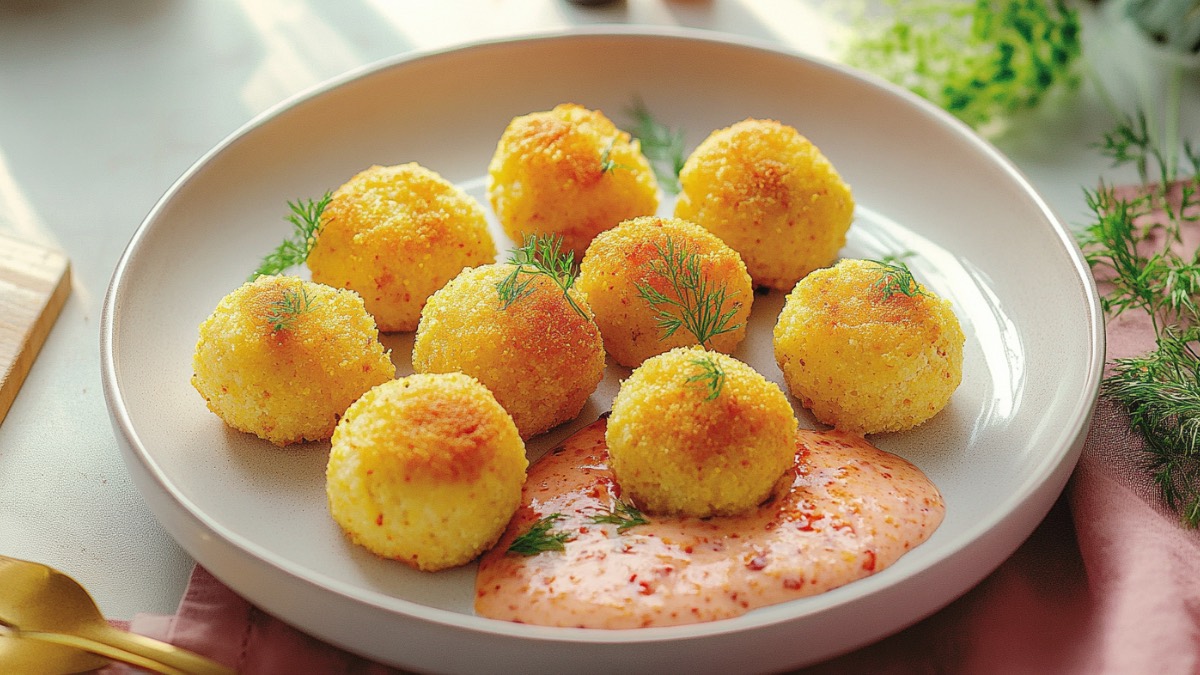 Mehrere Blumenkohl-Polenta-Bällchen mit Chili-Joghurt-Dip auf einem Teller.