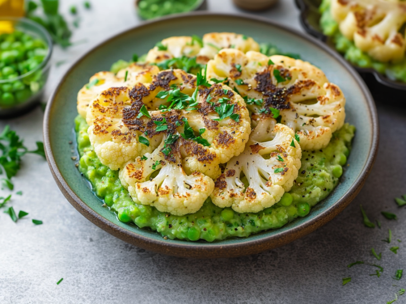 Ein Teller mit einer großen Portion Blumenkohl-Steaks mit Erbsenpüree. Garniert ist das Ganze mit frischen Kräutern. Im Hintergrund ist ein weiterer Teller mit einer Portion des Gerichts zusehen. Außerdem liegt rechts neben dem Teller eine aufgeschnittene rote Zwiebel. Außerdem ist eine kleine Glasschale mit Erbsen, verstreute Kräuter und ein Gefäß mit Öl zu sehen.