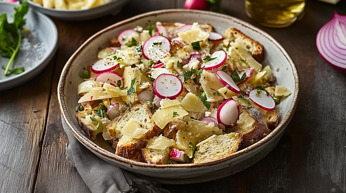 Eine Schüssel Brotsalat mit Radieschen und Käse mit KÄse.