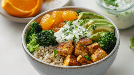 Eine Bulgur Tofu Bowl auf einem weißen Tisch. Im Hintergrund sieht man noch eine geschnitten orange und rechts daneben ein Glas mit weiterem Dressing.