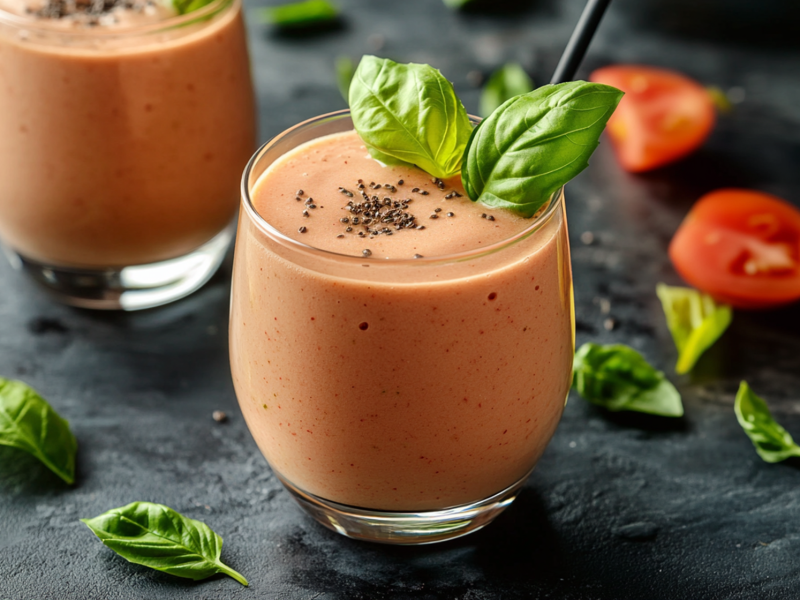 Ein Glas mit Buttermilch-Tomaten-Smoothie. Der Smoothie ist mit ein paar Chiasamen und etwas frischem Basilikum garniert. Im Hintergrund ist ein weiteres Glas mit Buttermilch-Tomaten-Smoothie zu sehen. Außerdem liegt eine einzelne Tomate und ein Tomatenstück herum sowie einige einzelne Basilikumblätter.