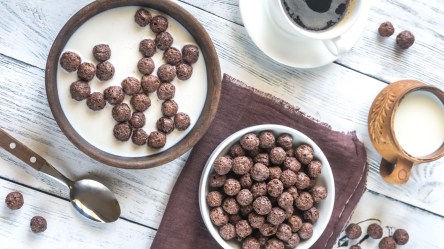 Zwei Schüsseln mit Choco Pops, in einer ist zusätzlich Milch. In der Draufsicht.