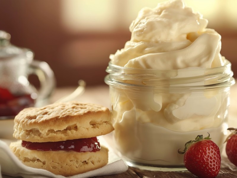 Glas mit Clotted Cream, Erdbeeren und Scones
