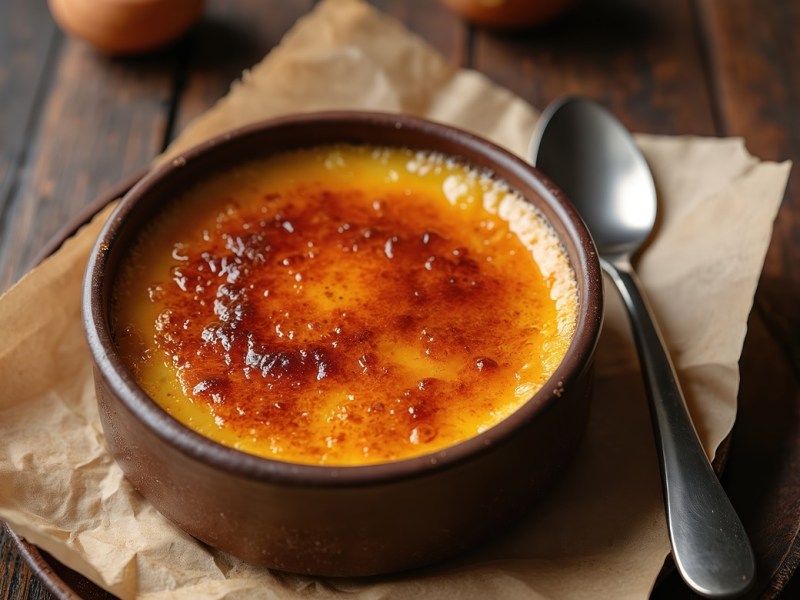 Eine Schale Crème Brûlée mit karamellisierter Oberfläche.