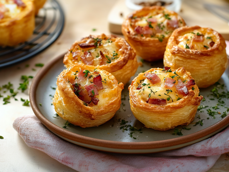 Fünf Cruffins mit Speck stehen auf einem grauen Teller. Sie sind mit Speck und Käse gefüllt und mit Kräutern bestreut. Im Hintergrund sieht man auf einem Rost weitere Cruffins stehen.