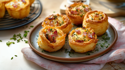 Fünf Cruffins mit Speck stehen auf einem grauen Teller. Sie sind mit Speck und Käse gefüllt und mit Kräutern bestreut. Im Hintergrund sieht man auf einem Rost weitere Cruffins stehen.