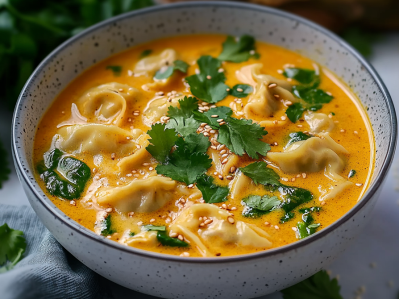 Eine große Schüssel voll Currysuppe mit Dumplings, die mit frischem Koriander und etwas Sesam garniert ist. Neben der Schüssel ist ein blaues Küchenhandtuch drapiert. Außerdem ist im Hintergrund ein großer Champignon und ein Bund frischer Koriander erkennbar.