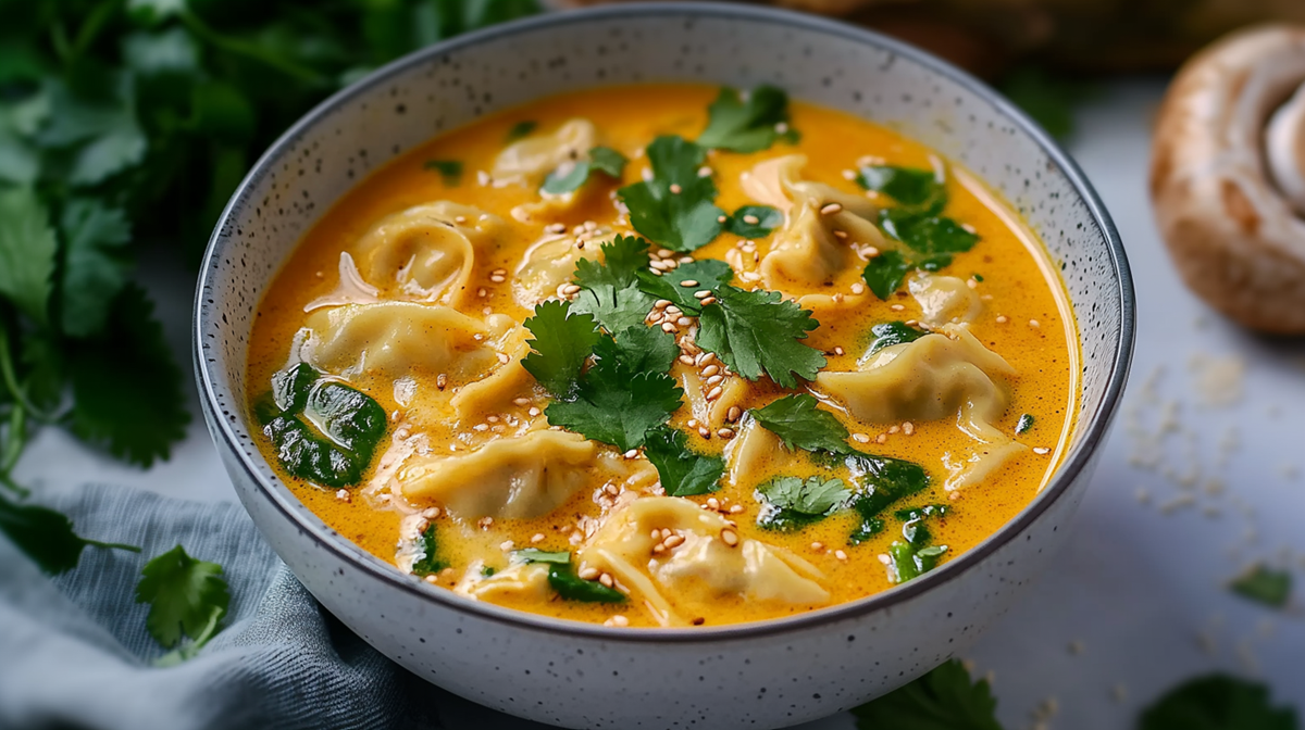 Eine große Schüssel voll Currysuppe mit Dumplings, die mit frischem Koriander und etwas Sesam garniert ist. Neben der Schüssel ist ein blaues Küchenhandtuch drapiert. Außerdem ist im Hintergrund ein großer Champignon und ein Bund frischer Koriander erkennbar.