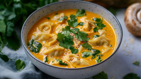 Eine große Schüssel voll Currysuppe mit Dumplings, die mit frischem Koriander und etwas Sesam garniert ist. Neben der Schüssel ist ein blaues Küchenhandtuch drapiert. Außerdem ist im Hintergrund ein großer Champignon und ein Bund frischer Koriander erkennbar.