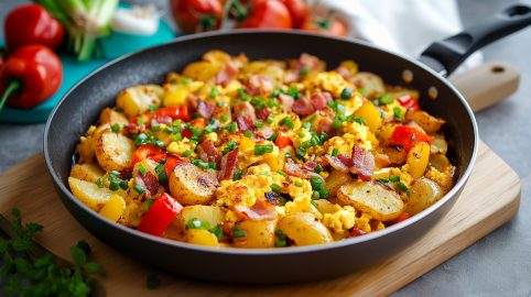 Eine Bauernpfanne mit Kartoffeln, Paprika, Frühlingszwiebeln, Ei und Speck auf einem Holzbrett. Im Hintergrund sieht man frische Paprika und Frühlingszwiebeln liegen.