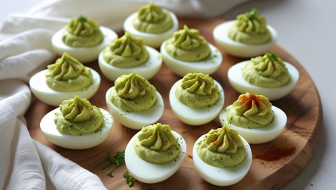 Ein Holzbrett mit Eiern mit Avocado-Füllung