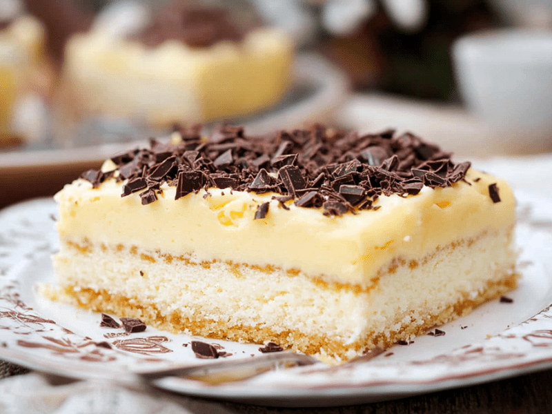 Ein Teller mit einem rechteckigen Stück Eierlikörkuchen vom Blech. Der Kuchen hat eine Eierlikörpuddingschicht und ist mit Schokostückchen getoppt. Im Hintergrund kann man weitere Stückchen Eierlikörkuchen vom Blech erkennen.