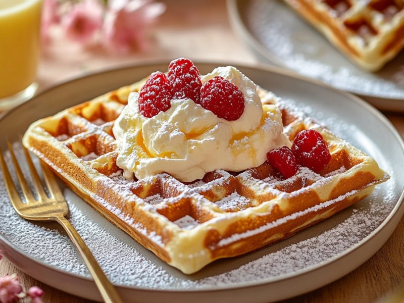 Teller mit Eierlikör-Waffeln, Sahne und Himbeeren
