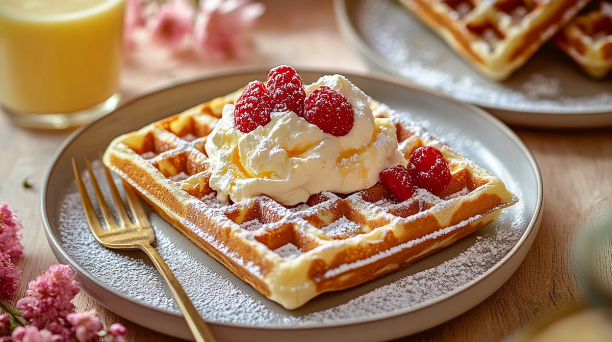 Teller mit Eierlikör-Waffeln, Sahne und Himbeeren
