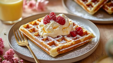 Teller mit Eierlikör-Waffeln, Sahne und Himbeeren